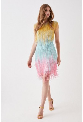 Beaded Fringe Colourblock Mini Dress