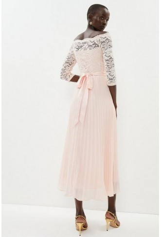 Lace Bardot Pleat Skirt Dress