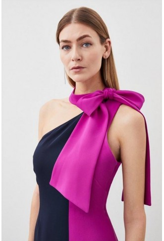 Petite Soft Tailored Colour Block Tie Neck Midi Dress