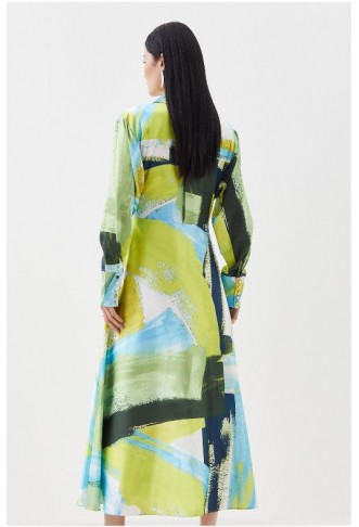 Multi Abstract Colour Block Draped Satin Woven Midi Dress