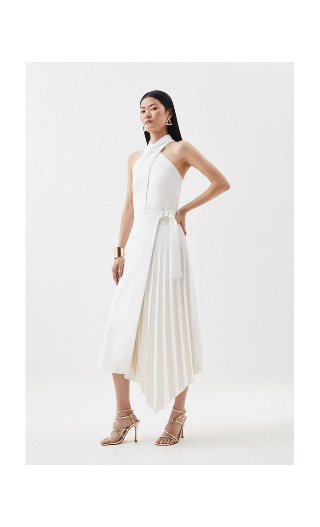 Compact Stretch Halter Neck Pleat Detail Midi Dress