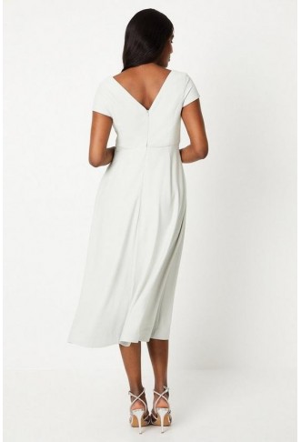 Bow Bodice Crepe Midi Dress With Flutter Sleeve