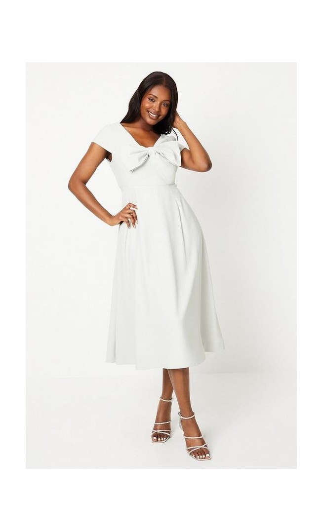 Bow Bodice Crepe Midi Dress With Flutter Sleeve