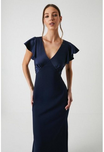 V Neck Angel Sleeve Satin Bridesmaids Dress