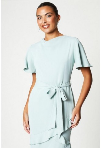 Ruffle Skirt Drape Neck Midi Dress