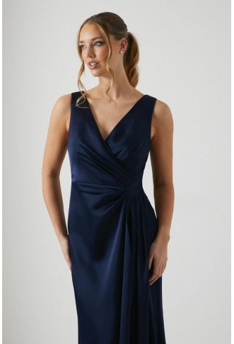 Wrap Front Waist Detail Satin bridesmaids Dress