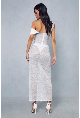 Lace Sheer Ruched Off Shoulder Pant Insert Maxi Dress