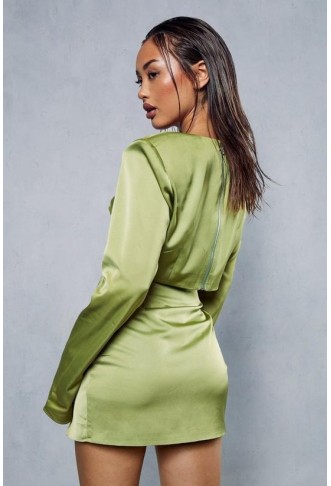 Premium Satin Shoulder Pad Split Skirt Co-ord