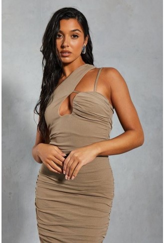 Premium Mesh Asymmetric Strap Midi Dress