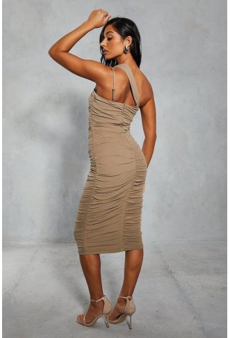 Premium Mesh Asymmetric Strap Midi Dress