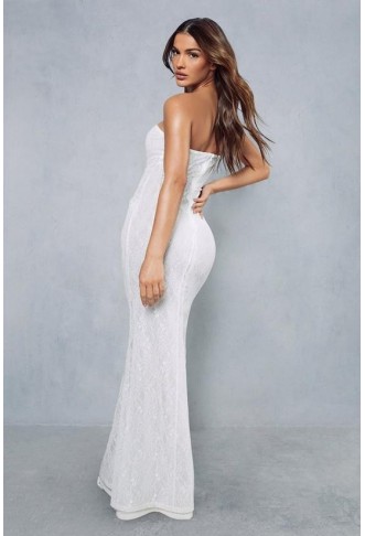 Lace Overlay Mesh Fitted Flare Hem Bandeau Maxi Dress