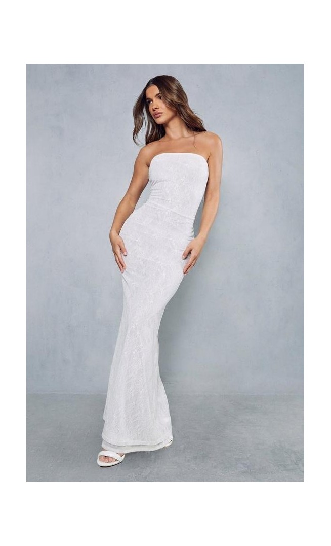 Lace Overlay Mesh Fitted Flare Hem Bandeau Maxi Dress