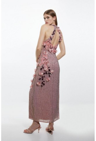 Crystal Embellished Embroidery And Applique Woven Halter Woven Maxi Dress