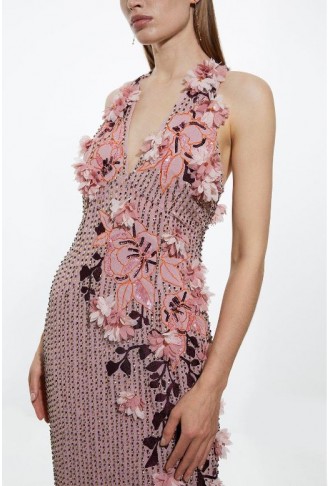 Crystal Embellished Embroidery And Applique Woven Halter Woven Maxi Dress