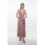 Crystal Embellished Embroidery And Applique Woven Halter Woven Maxi Dress