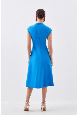Blue Petite Tailored Seam Detail High Neck Full Skirt Midi Dress