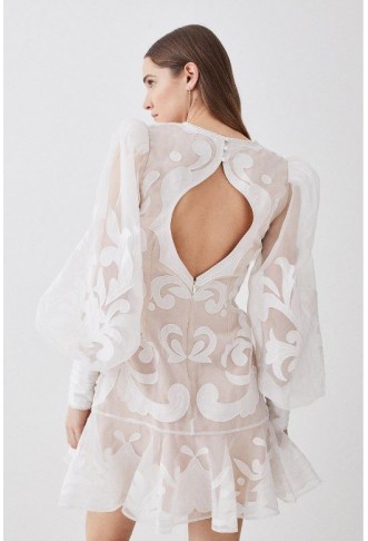 White Applique Organdie Buttoned Woven Mini Dress