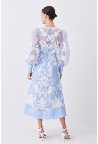 Petite Applique Organdie Buttoned Woven Midi Dress