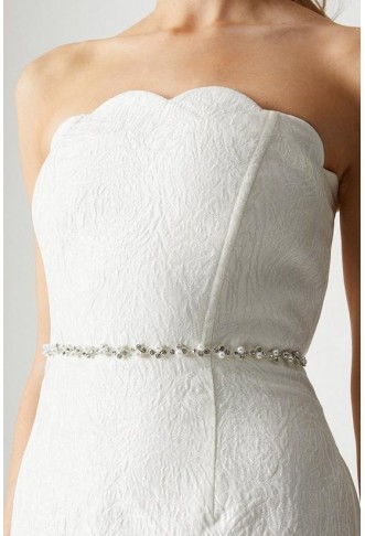 Scallop Detail Jacquard Column Wedding Dress