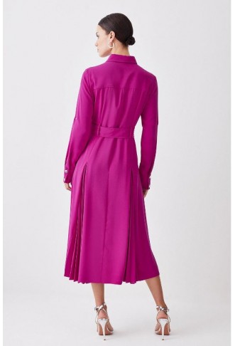 Purple Petite Soft Tailored Pleat Panel Sleeved Belted Midi Dress