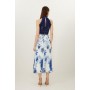 Blue Guipure Lace Floral Print Woven Halter Maxi Dress