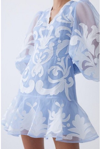 Blue Petite Applique Organdie Buttoned Woven Mini Dress