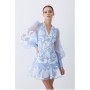 Blue Petite Applique Organdie Buttoned Woven Mini Dress