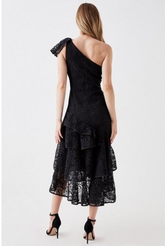 One Shoulder Lace Ruffle Midi Dress