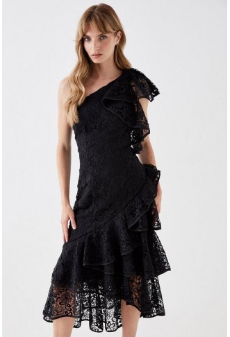 One Shoulder Lace Ruffle Midi Dress