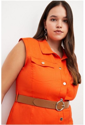 Orange Plus Size Relaxed Tailored Ruffle Hem Belted Drs