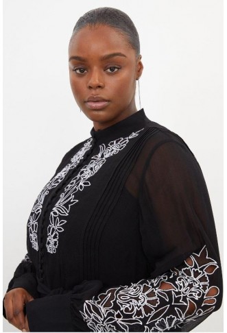 Black Plus Size Embroidery Bib Detail Woven Maxi Dress
