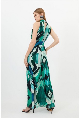 Green Petite Geo Print Georgette Woven Halter Pleated Maxi Dress
