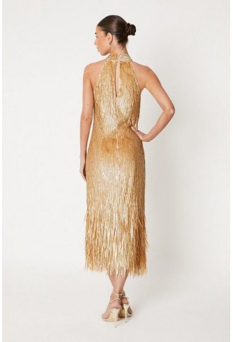 Fringe Sequin Halter Midi Dress