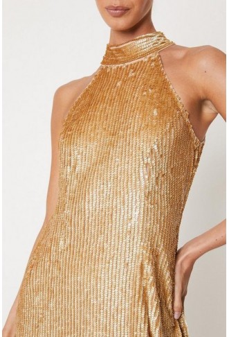 Fringe Sequin Halter Midi Dress