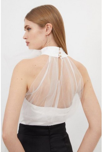Bow Neck Tulle And Ponte Jersey Bodysuit