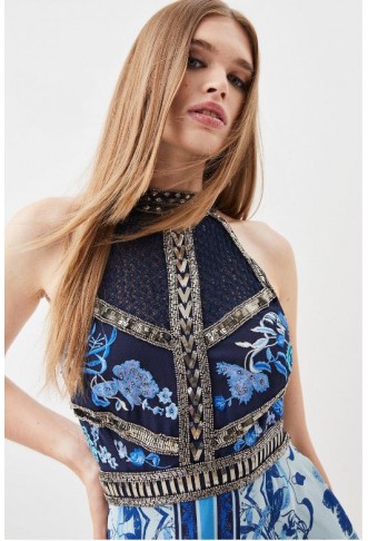 Blue Tall Cross Front Beaded Embellished Woven Mini Dress