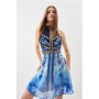 Blue Tall Cross Front Beaded Embellished Woven Mini Dress