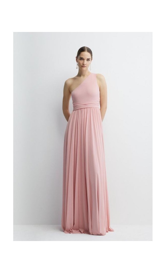 One Shoulder Stretch Mesh Full Skirted Bridesmaids Maxi Dress