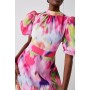 Blurred Floral Puff Sleeve Cutout Back Midi Dress