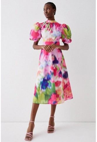 Blurred Floral Puff Sleeve...