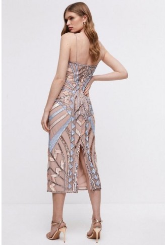 Premium Hand Embellished Deco Pencil Midi Dress