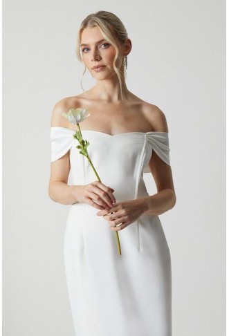 Draped Shoulder Tie Back Column Bridal Dress