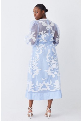 Plus Size Applique Organdie Buttoned Woven Midi Dress