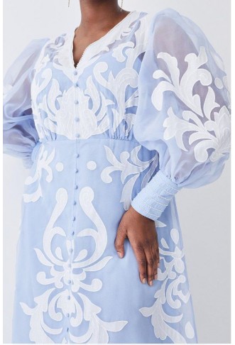 Plus Size Applique Organdie Buttoned Woven Midi Dress
