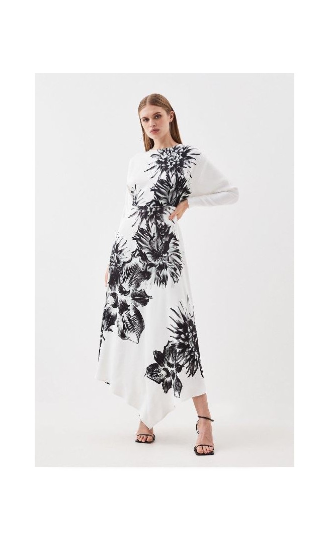 Mono Satin Crepe Floral Long Sleeve Woven Maxi Dress