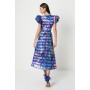 Printed Organza Stripe Puff Sleeve Midi Dress