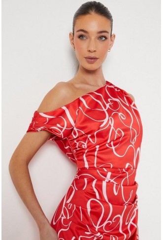 Fallen Shoulder Printed Satin Midi Dress