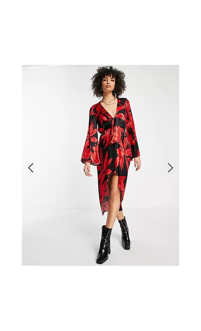 Topshop satin twist front floral dress in red