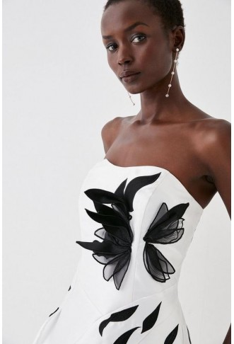 Bandeau Twill Midi Dress With 3d Floral Applique