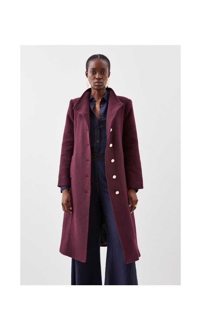 Wine Italian Manteco Wool Button Detail Belted Midi Coat